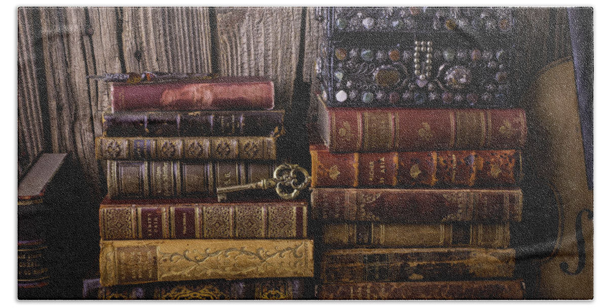 Key Bath Towel featuring the photograph Treasure Box On Old Books by Garry Gay