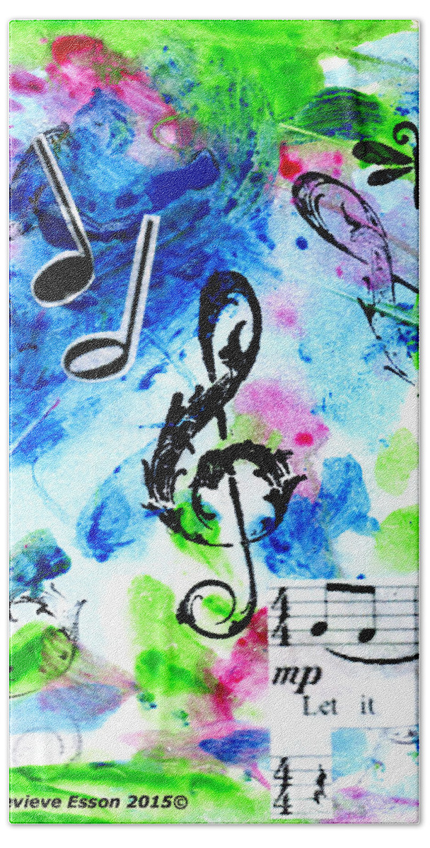 Music Bath Towel featuring the mixed media Treble MP by Genevieve Esson