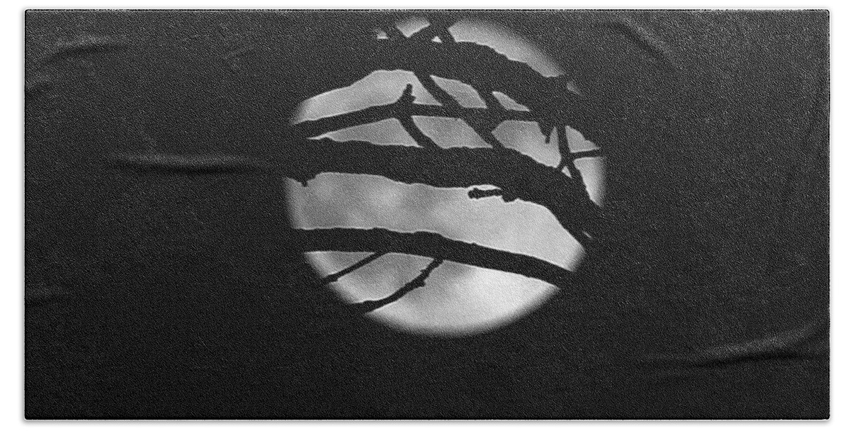 Moon Bath Towel featuring the photograph Tree branch cover over the Super Moon by Yumi Johnson