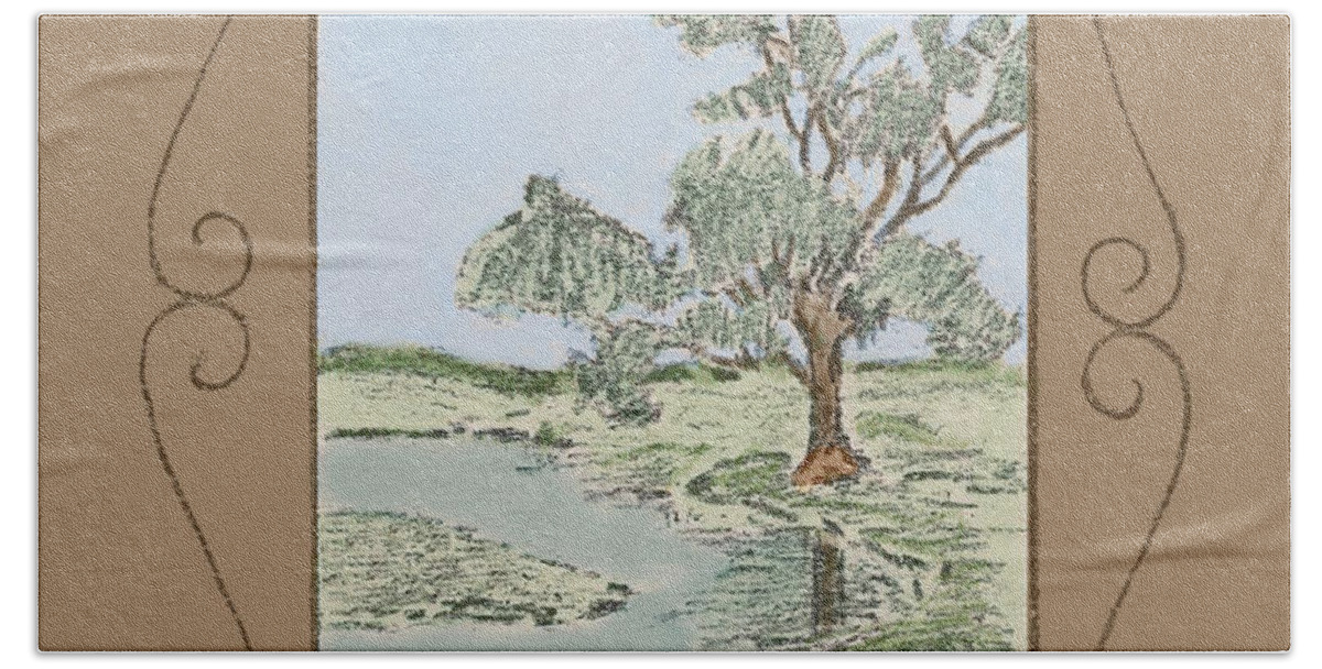Tree Hand Towel featuring the drawing Tree Mirror in Lake by Donna L Munro