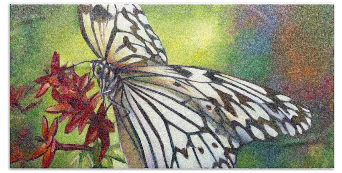 Oil Painting Of The Tree Nymph Butterfly On Red Star Flowers. This Butterfly Is White And Has Black Veins That Make The Butterfly Resemble Lace. The Background Is Soft Focus With Greens Bath Towel featuring the painting Tree Nymph Butterfly by Nancy Tilles