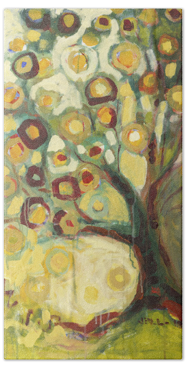 Tree Life Abstract Modern Circles Contemporary Nature Hand Towel featuring the painting Tree of Life in Autumn by Jennifer Lommers