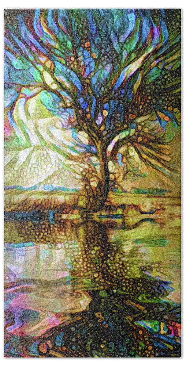 Magical Tree Bath Towel featuring the mixed media Tree reflections by Lilia S