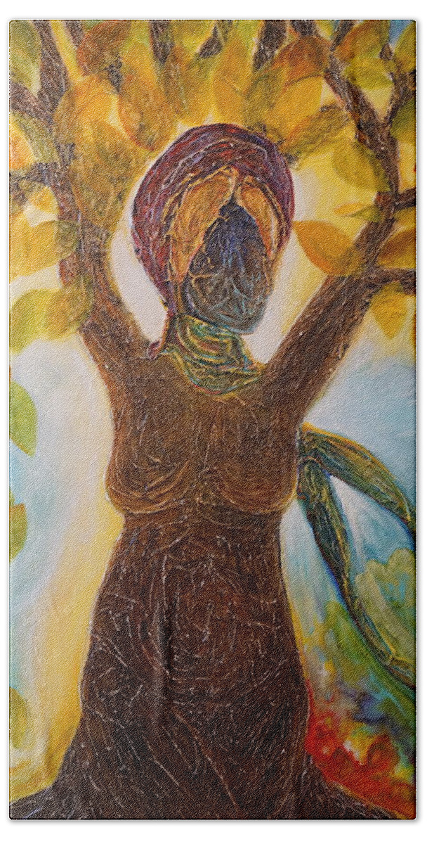 Tree Bath Towel featuring the painting Tree Woman by Theresa Marie Johnson