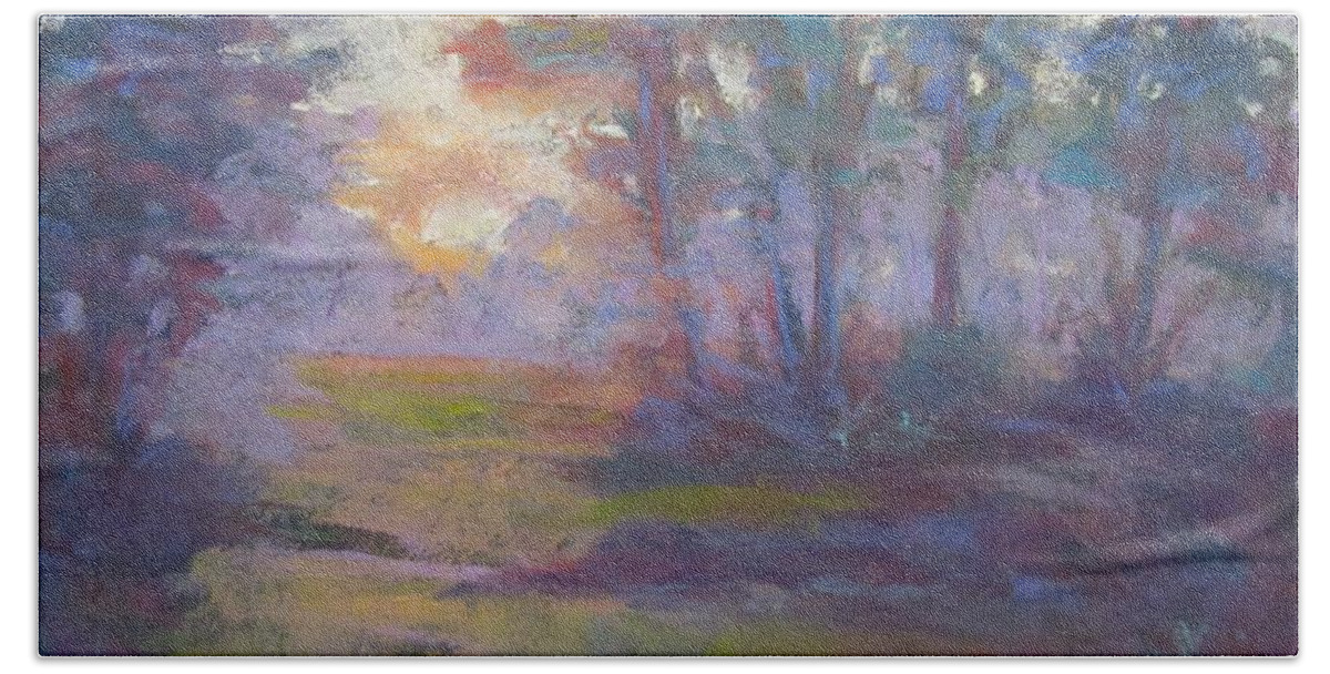 Sunrise Bath Towel featuring the pastel Trees in the mist by Barbara O'Toole