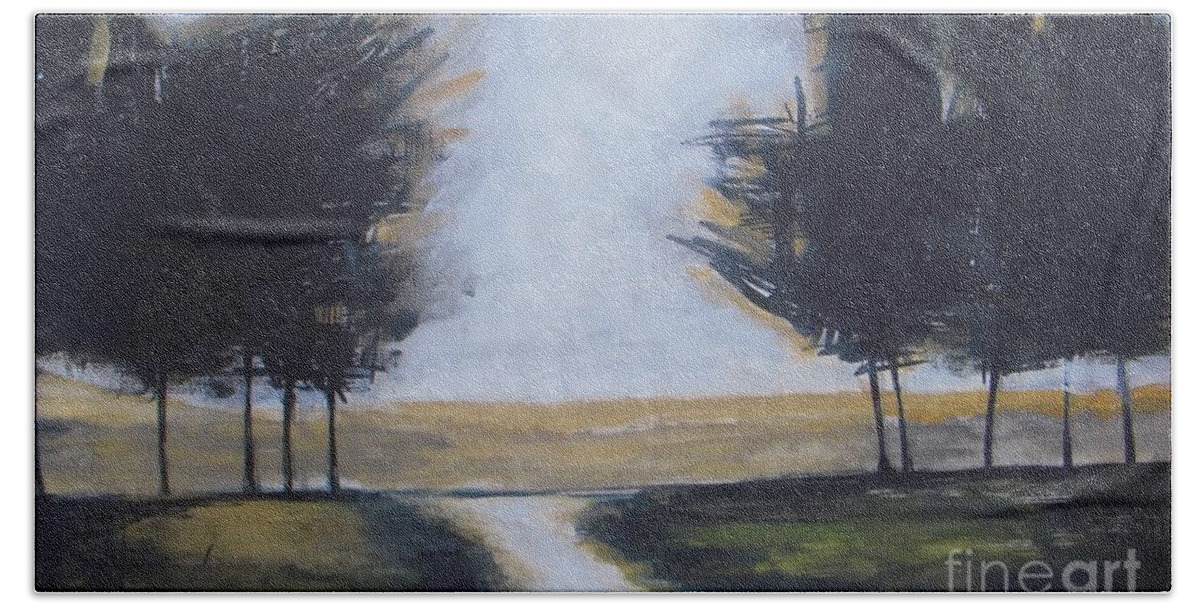Landscape Bath Towel featuring the painting Trees on Rural Road 2 by Vesna Antic