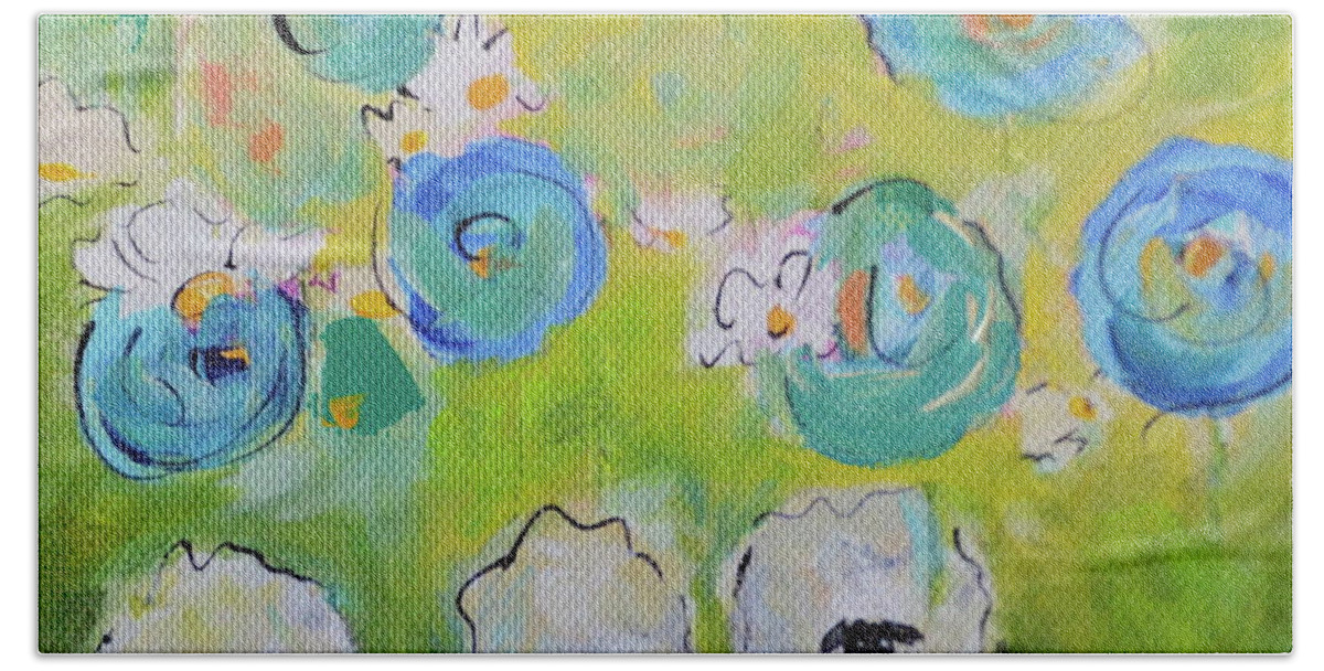 Blue Bath Towel featuring the painting Tres Sheep by Teresa Tilley