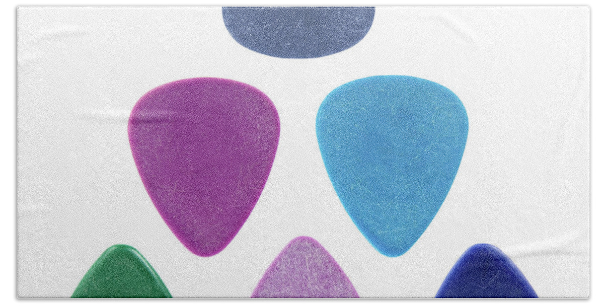 Pick Bath Towel featuring the photograph Triangle made of guitar picks by GoodMood Art
