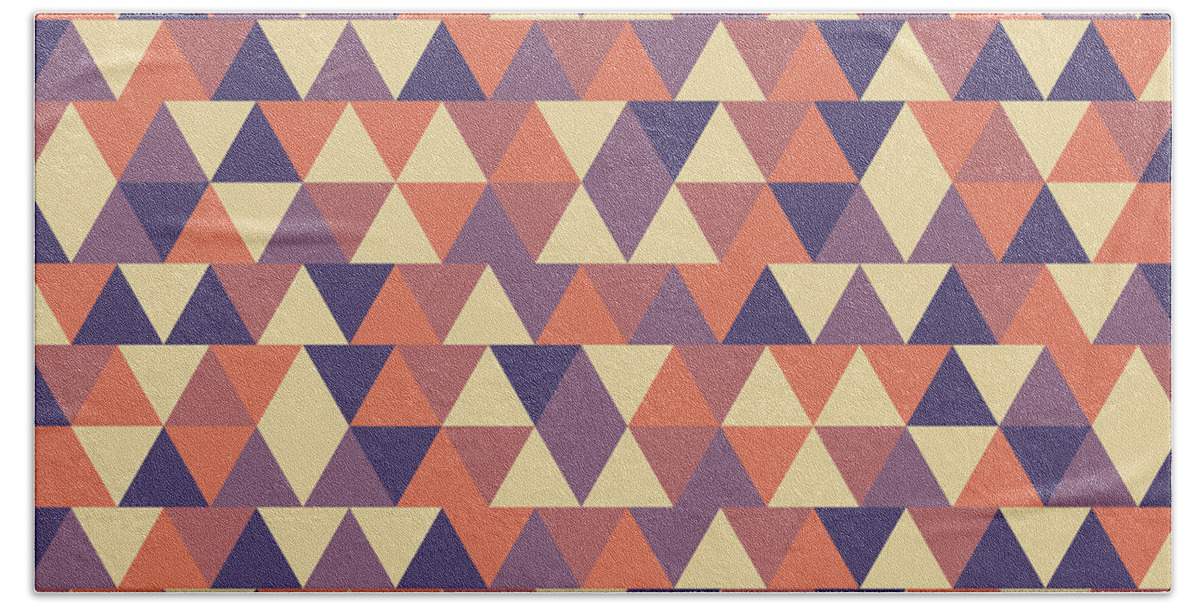 Pattern Bath Towel featuring the mixed media Triangular Geometric Pattern - Warm Colors 12 by Studio Grafiikka