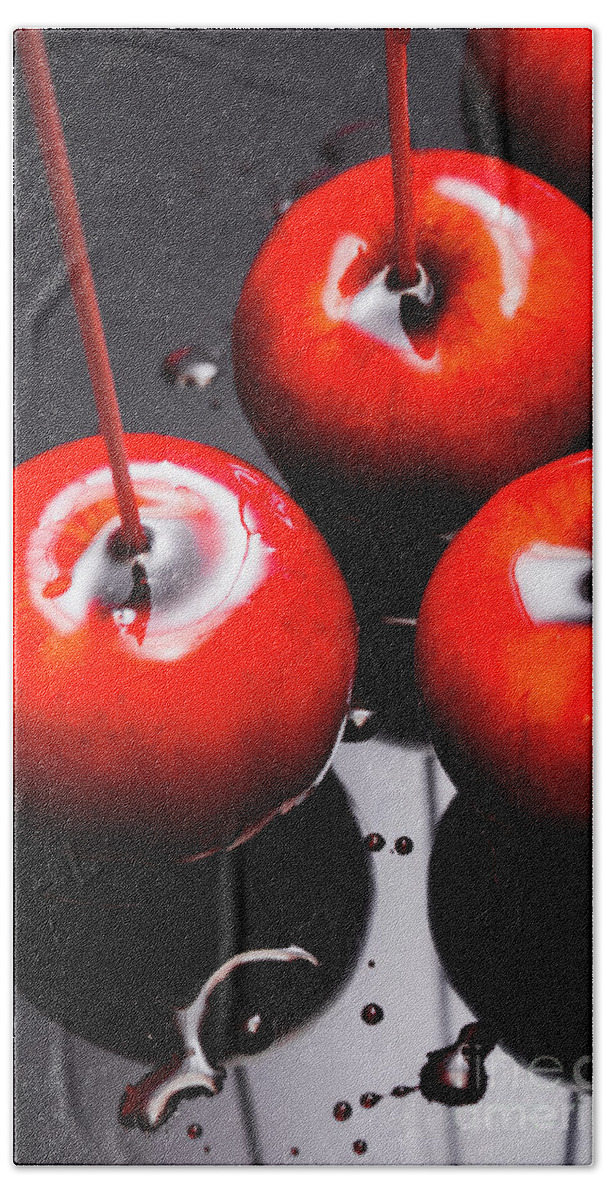 Food Hand Towel featuring the photograph Trio of bright red home made candy apples by Jorgo Photography