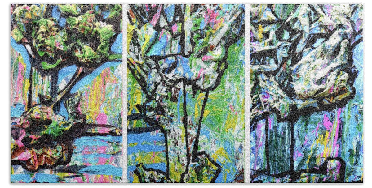 Trees Hand Towel featuring the mixed media Triptych Of Three Trees By A Brook by Genevieve Esson