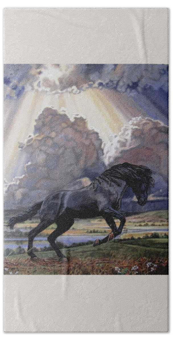 Black Stallion Bath Towel featuring the painting Triumph by Patrick Whelan