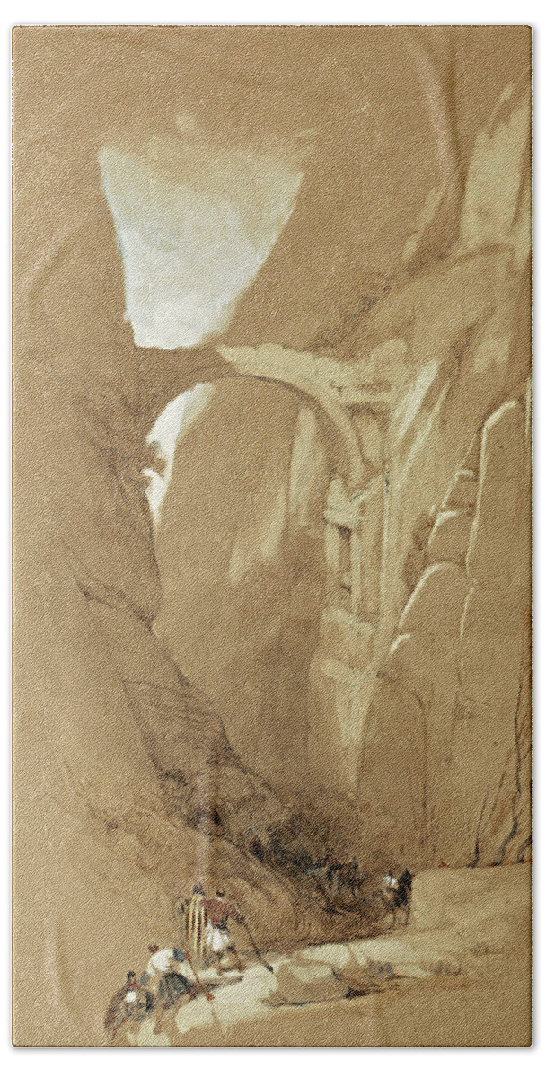 David Roberts Bath Sheet featuring the drawing Triumphal Arch crossing the Ravine leading to Petra. Jordan by David Roberts