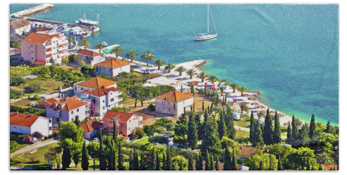 Trogir Bath Towel featuring the photograph Trogir beach and tourist coast aerial view by Brch Photography