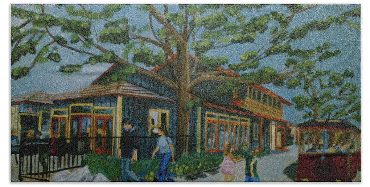 Nature Bath Towel featuring the painting Trolley passing williams coffee by David Bigelow
