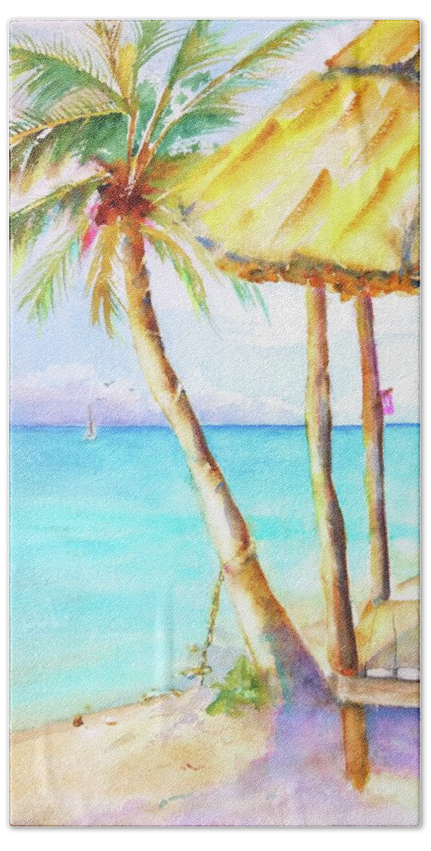 Tropical Bath Towel featuring the painting Tropical Beach Hut Watercolor by Carlin Blahnik CarlinArtWatercolor