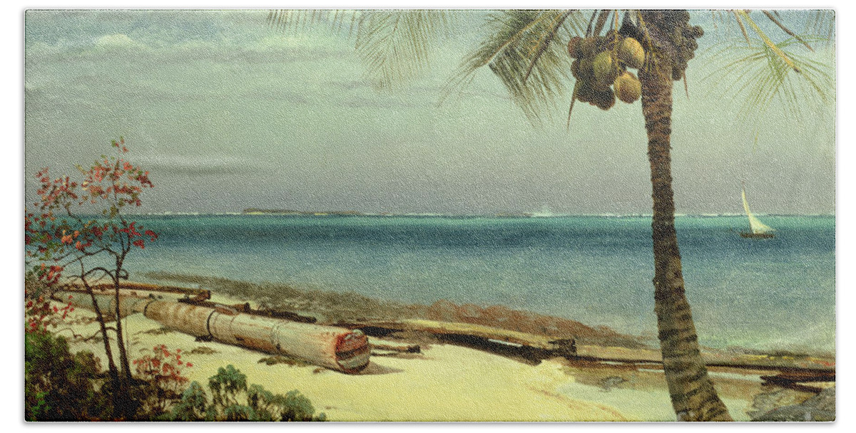 Shore; Exotic; Palm Tree; Coconut; Sand; Beach; Sailing Bath Sheet featuring the painting Tropical Coast by Albert Bierstadt