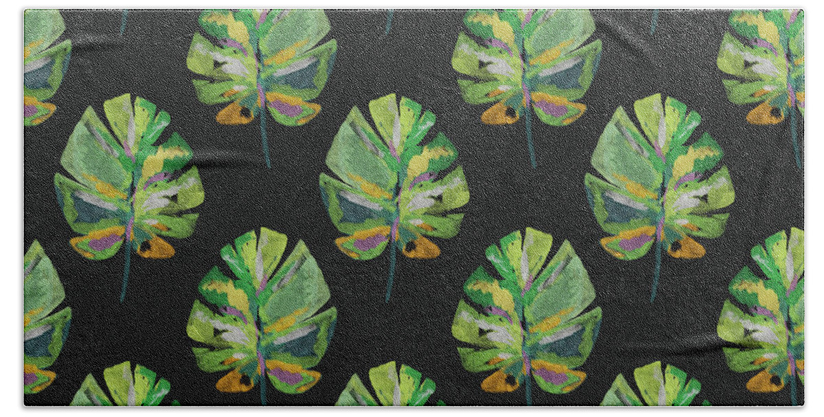 Palm Leaf Hand Towel featuring the mixed media Tropical Leaves On Black- Art by Linda Woods by Linda Woods