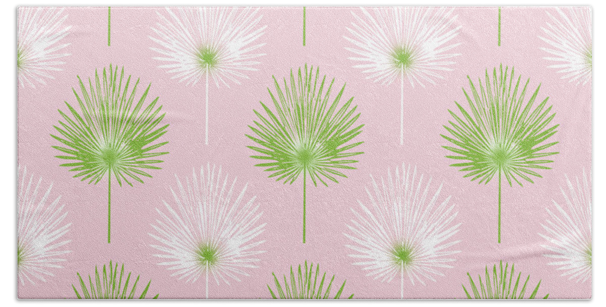 Tropical Bath Towel featuring the mixed media Tropical Leaves on Pink 2- Art by Linda Woods by Linda Woods