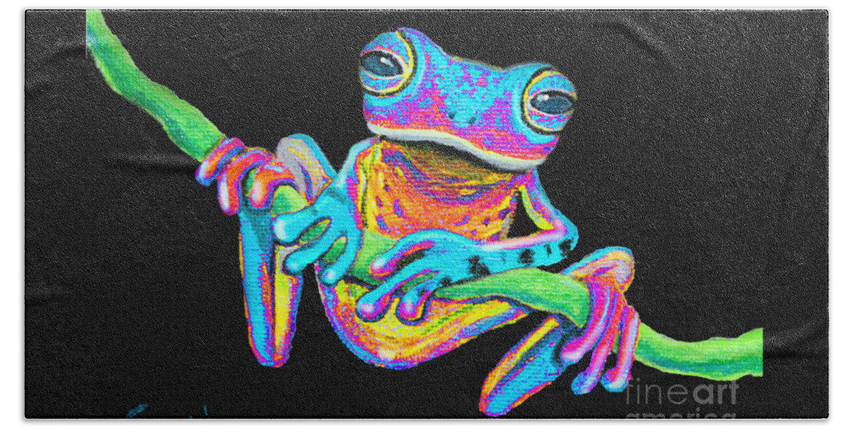 A Colorful Rainbow Frog On A Vine Bath Towel featuring the painting Tropical Rainbow frog on a vine by Nick Gustafson