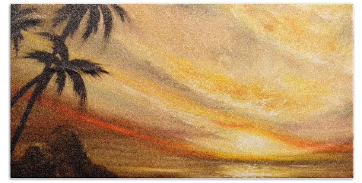 Tropical Bath Towel featuring the painting Tropical Sunset 65 by Gina De Gorna