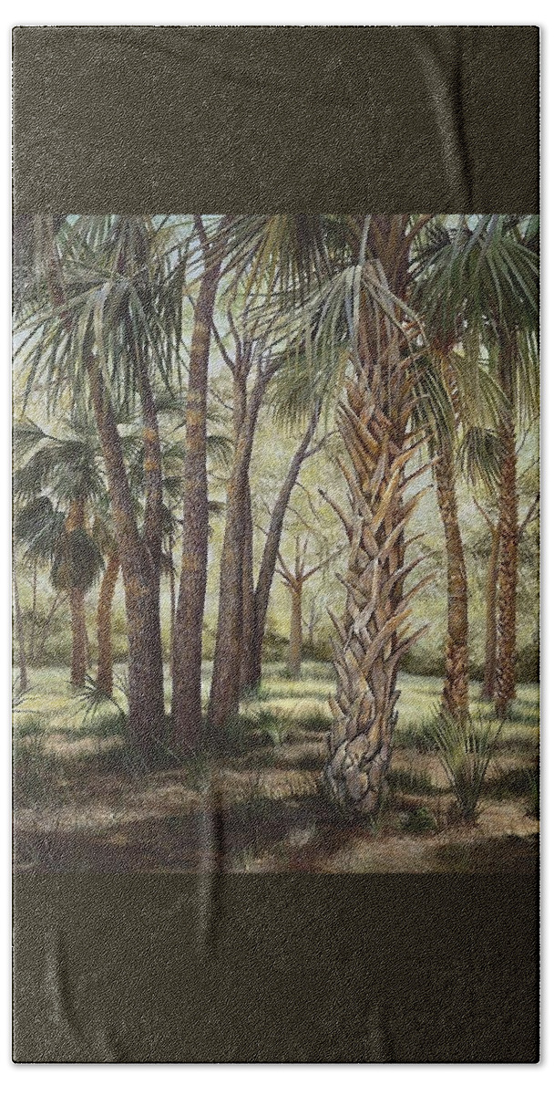 Cabbage Palms Bath Towel featuring the painting Tropical Trail's End by AnnaJo Vahle