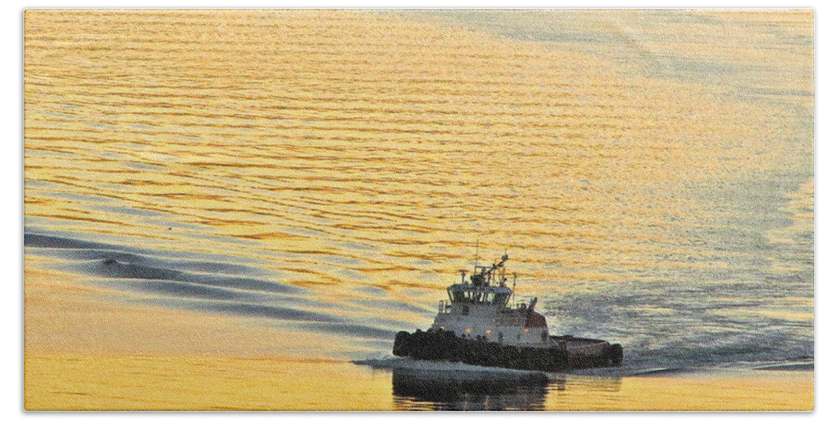 Boat Bath Towel featuring the photograph Tugboat at sunset by Sean Griffin
