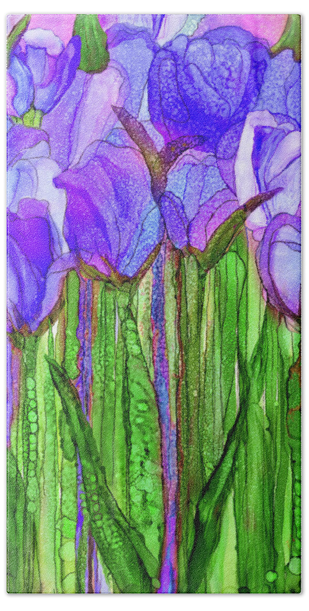 Carol Cavalaris Hand Towel featuring the mixed media Tulip Bloomies 1 - Purple by Carol Cavalaris