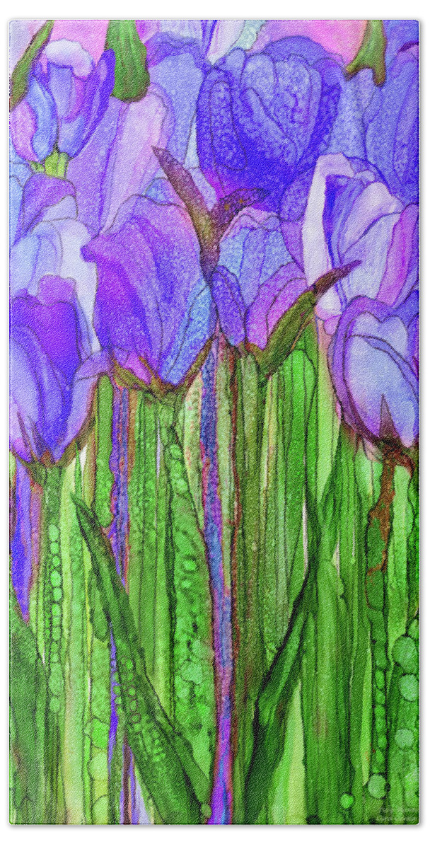 Carol Cavalaris Hand Towel featuring the mixed media Tulip Bloomies 2 - Purple by Carol Cavalaris
