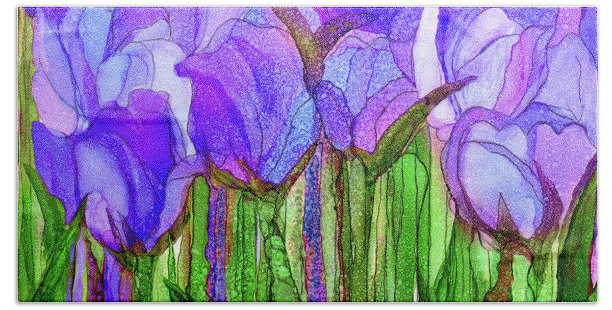 Carol Cavalaris Bath Towel featuring the mixed media Tulip Bloomies 3 - Purple by Carol Cavalaris