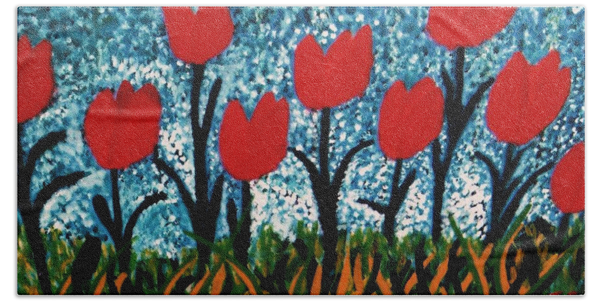 Red Hand Towel featuring the painting Tulip Time by John Scates