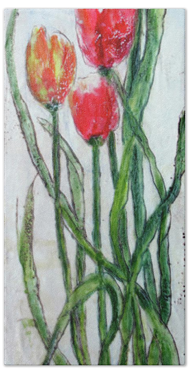 Encaustic Bath Towel featuring the painting Tulip Trio by Christine Chin-Fook