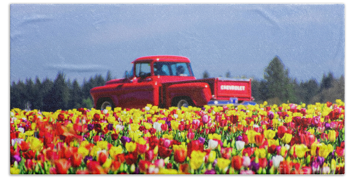 Tulips Hand Towel featuring the photograph Tulips and Red Chevy Truck by Louise Magno