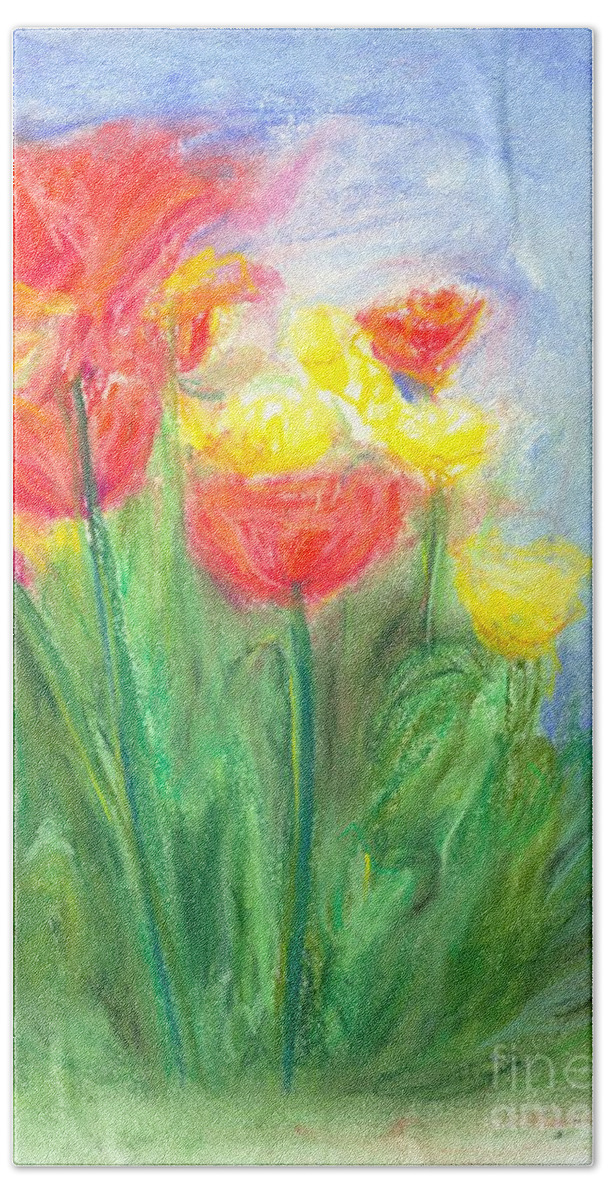 Tulips Bath Towel featuring the pastel Tulips by Christine Jepsen