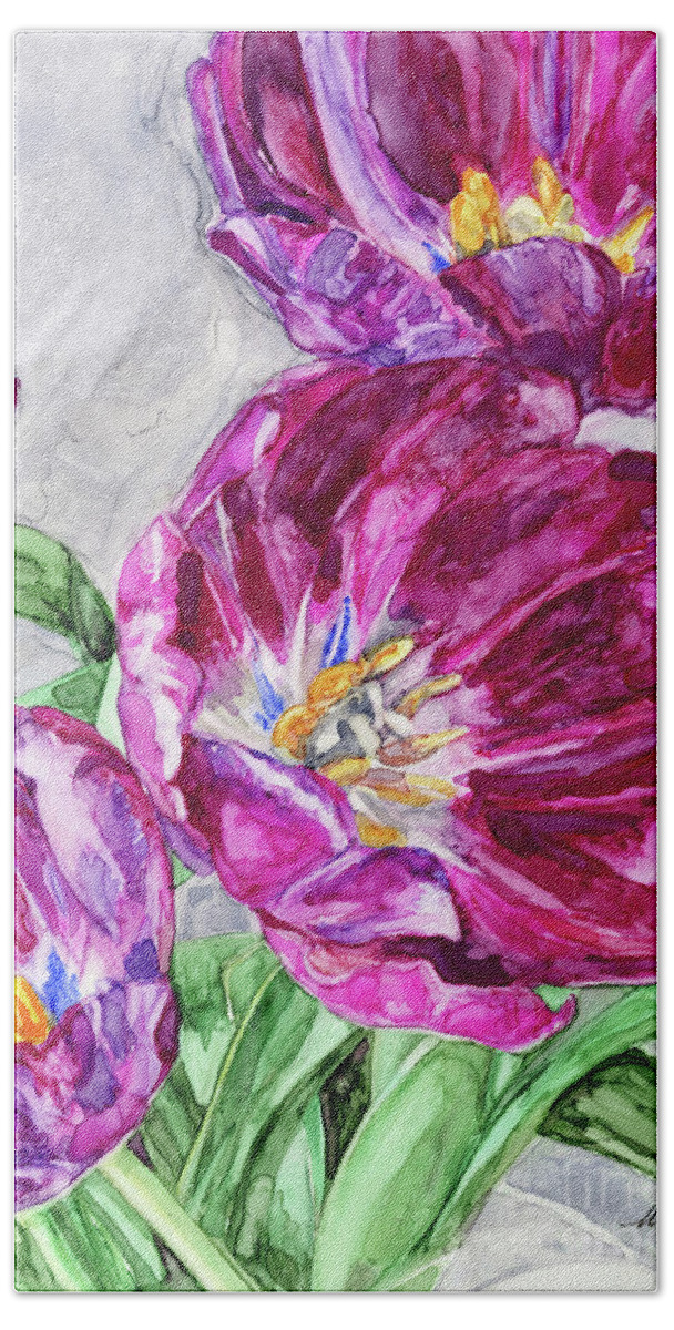 Yupo Hand Towel featuring the painting Tulips From a Friend II by Vicki Baun Barry