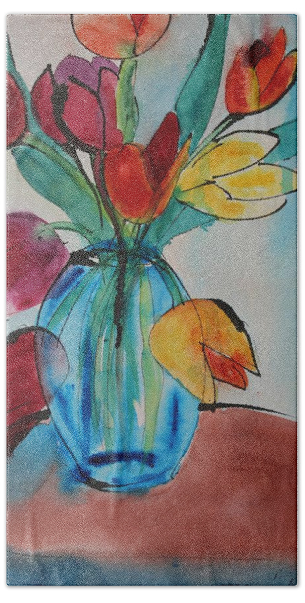 Tulips Bath Towel featuring the painting Tulips in a Blue Glass Vase by Ruth Kamenev