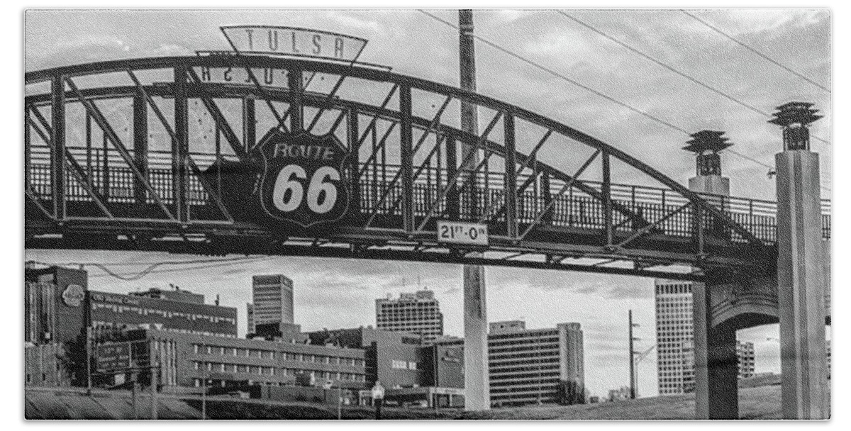 Route 66 Hand Towel featuring the photograph Tulsa Route 66 - Cyrus Avery Plaza - Black and White Panoramic by Gregory Ballos