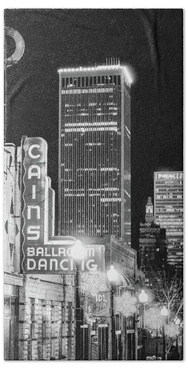 America Hand Towel featuring the photograph Tulsa Skyline and Cains Ballroom Music Hall - Black and White by Gregory Ballos