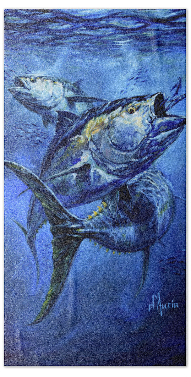 Tuna Hand Towel featuring the painting Tuna by Tom Dauria