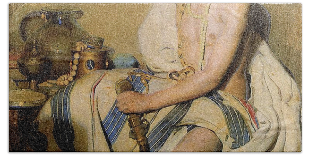 Gabriel Raya Morcillo Bath Towel featuring the painting Turbaned Oriental by Gabriel Raya Morcillo