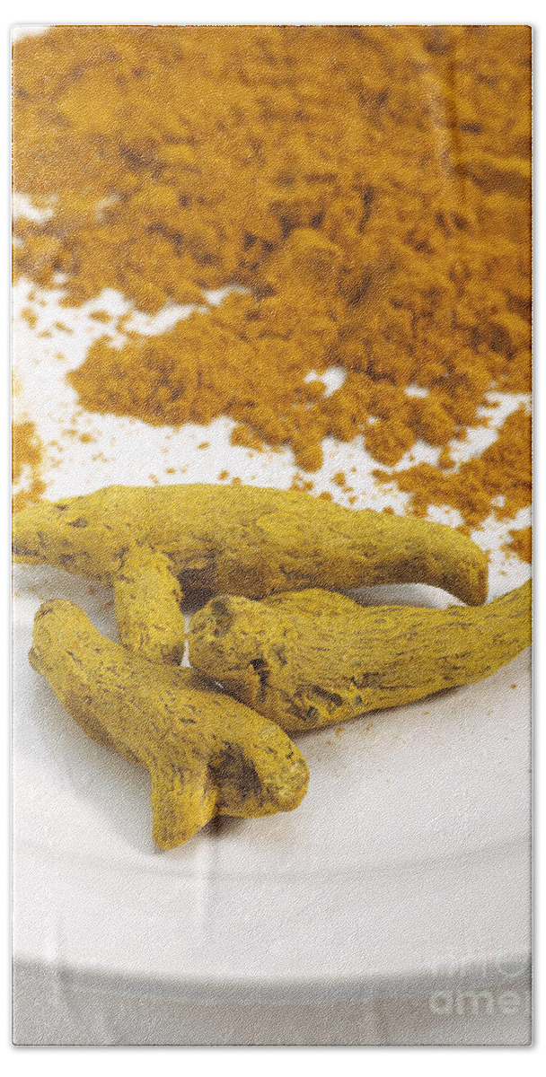 Cut Out Bath Towel featuring the photograph Turmeric Root And Powder by Gerard Lacz