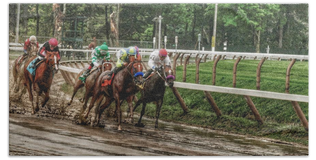 Race Horses Bath Towel featuring the photograph Turning the Mud by Jeffrey PERKINS