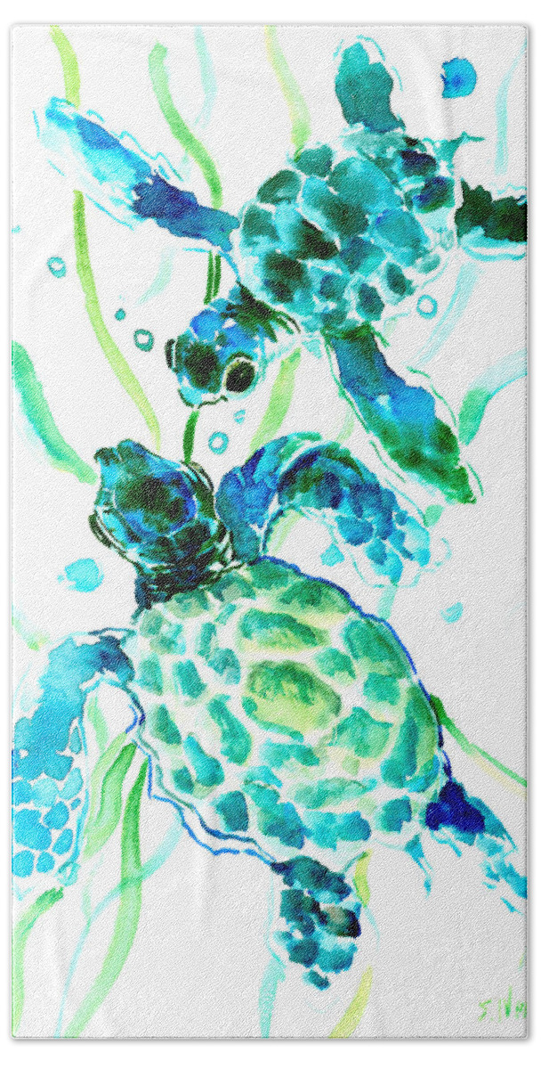 Sea Turtle Hand Towel featuring the painting Turquoise Indigo Sea Turtles by Suren Nersisyan