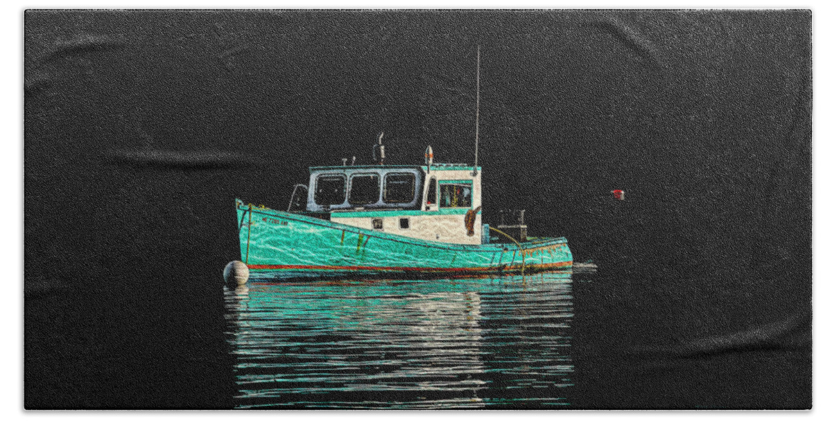 Turquoise Lobster Boat And Its Reflection Bath Towel featuring the photograph Turquoise Lobster Boat At Mooring by Marty Saccone