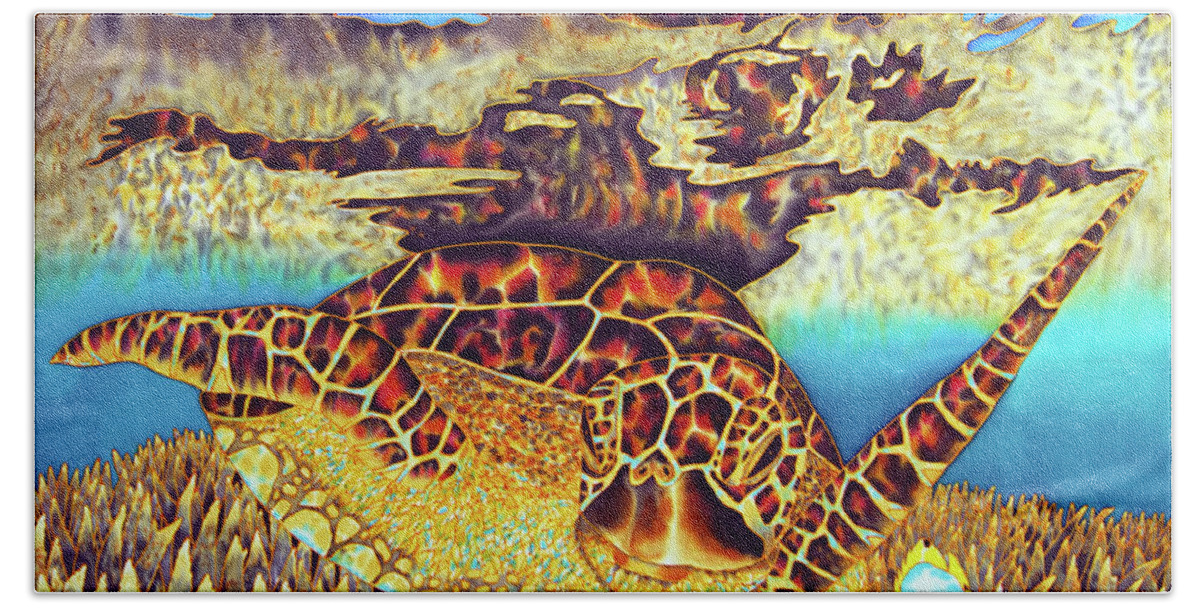 Sea Turtle Bath Towel featuring the painting Caribbean Sea Turtle and Stag horn Coral by Daniel Jean-Baptiste