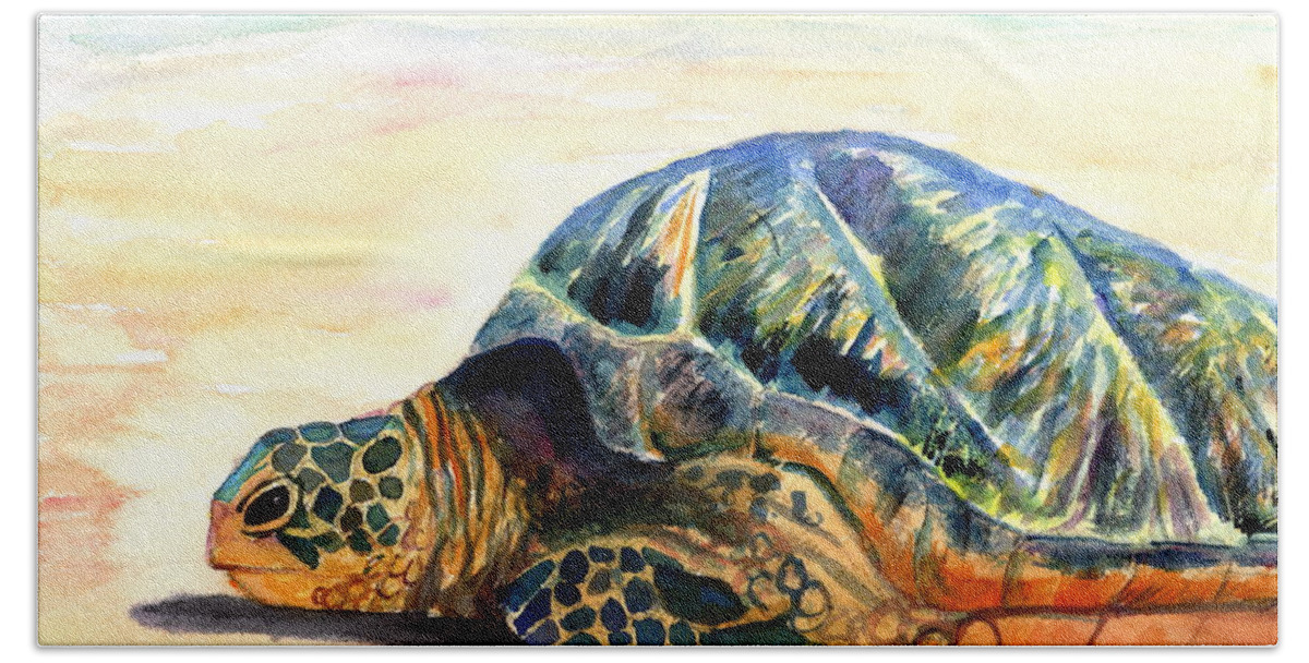 Green Sea Turtle Bath Towel featuring the painting Turtle at Poipu Beach 8 by Marionette Taboniar