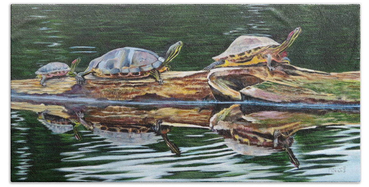 Red-eared Slider Bath Towel featuring the painting Turtle Family by Marilyn McNish