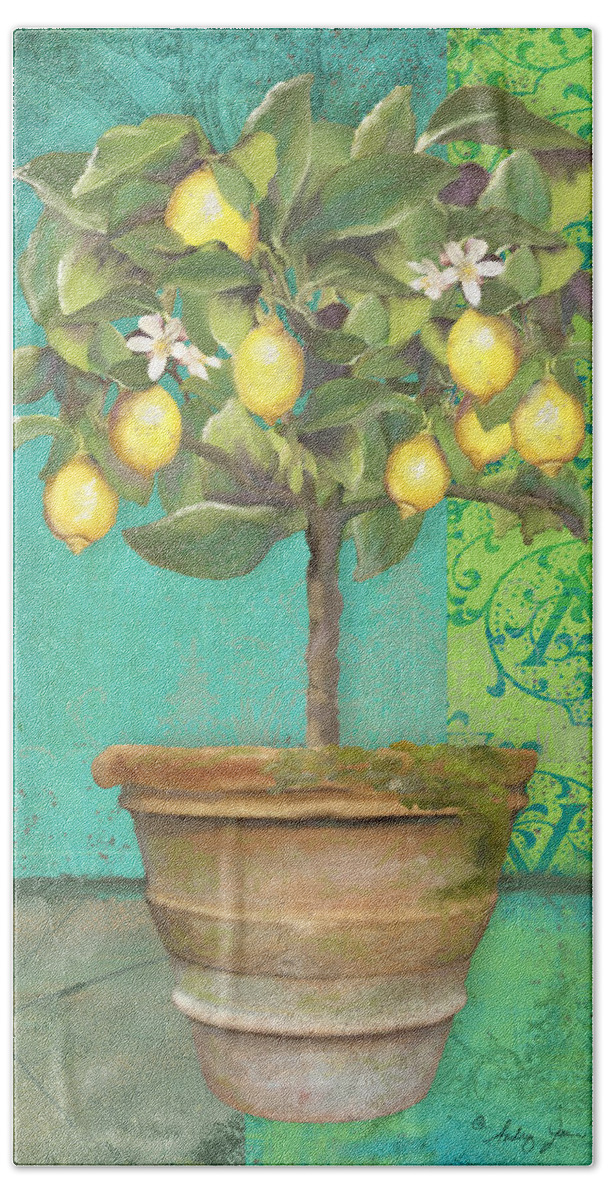Tuscan Hand Towel featuring the painting Tuscan Lemon Topiary - Damask Pattern 1 by Audrey Jeanne Roberts