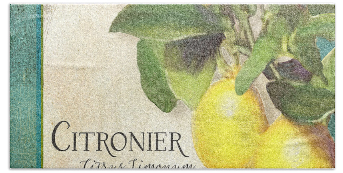 Lemon Bath Towel featuring the painting Tuscan Lemon Tree - Citronier Citrus Limonum Vintage Style by Audrey Jeanne Roberts