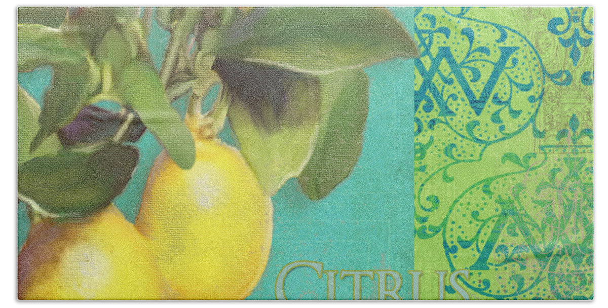 Tuscan Bath Towel featuring the painting Tuscan Lemon Tree - Citrus Limonum Damask by Audrey Jeanne Roberts